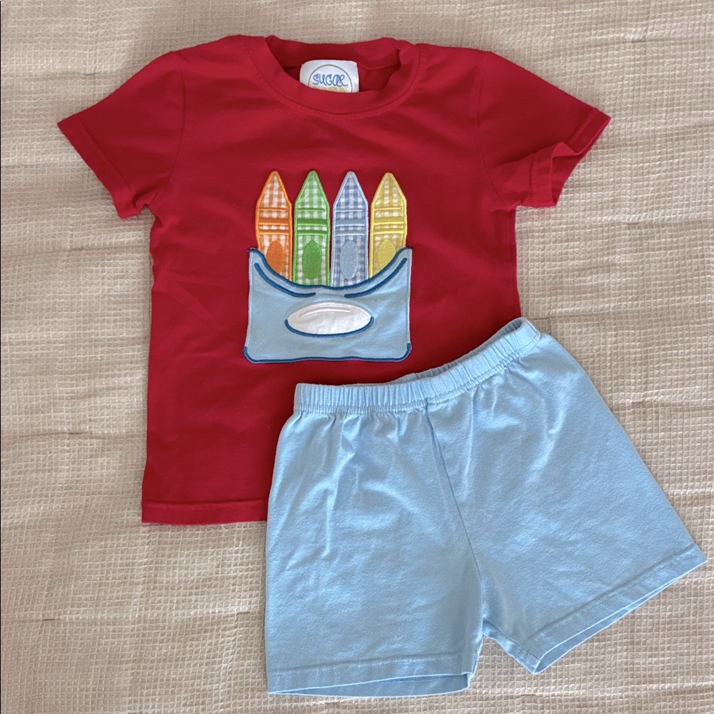 Red Crayon T-Shirt and Light Blue Shorts Set